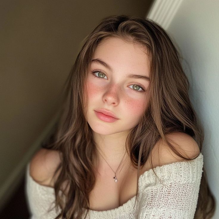 Woman with long hair and green eyes wearing an off-shoulder top