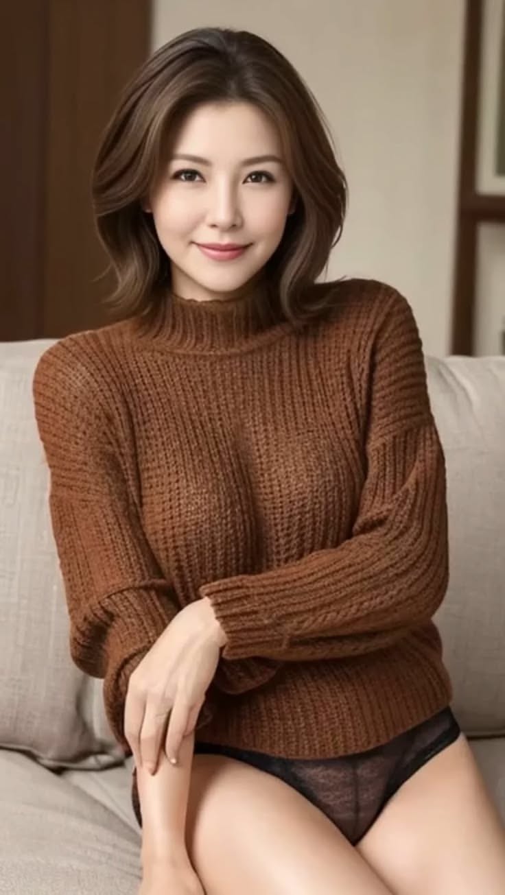 Woman in a brown sweater and black underwear sitting indoors