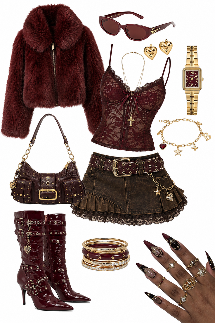 Collection of dark-toned clothing and accessories with gold accents