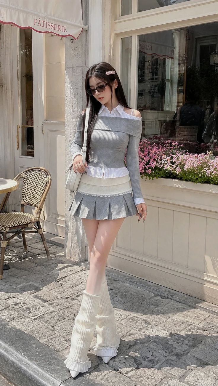 Woman in an off-shoulder top and pleated skirt with leg warmers outdoors