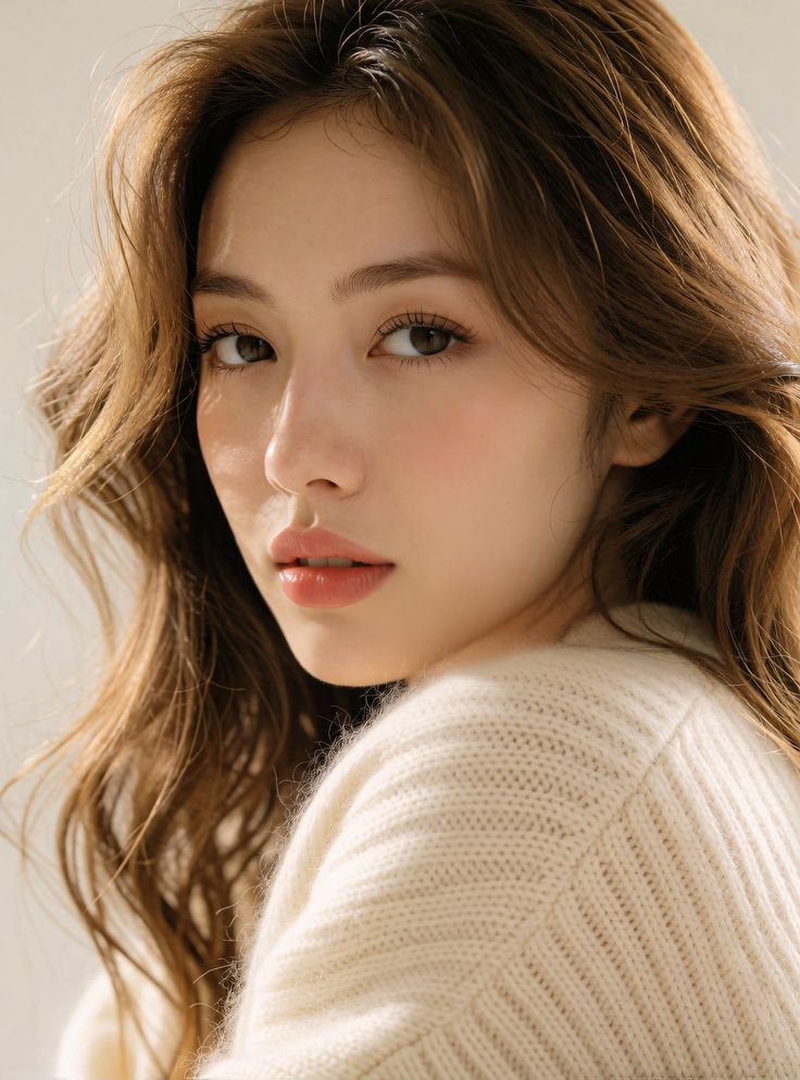 Woman with long wavy hair wearing a cream sweater, looking over her shoulder