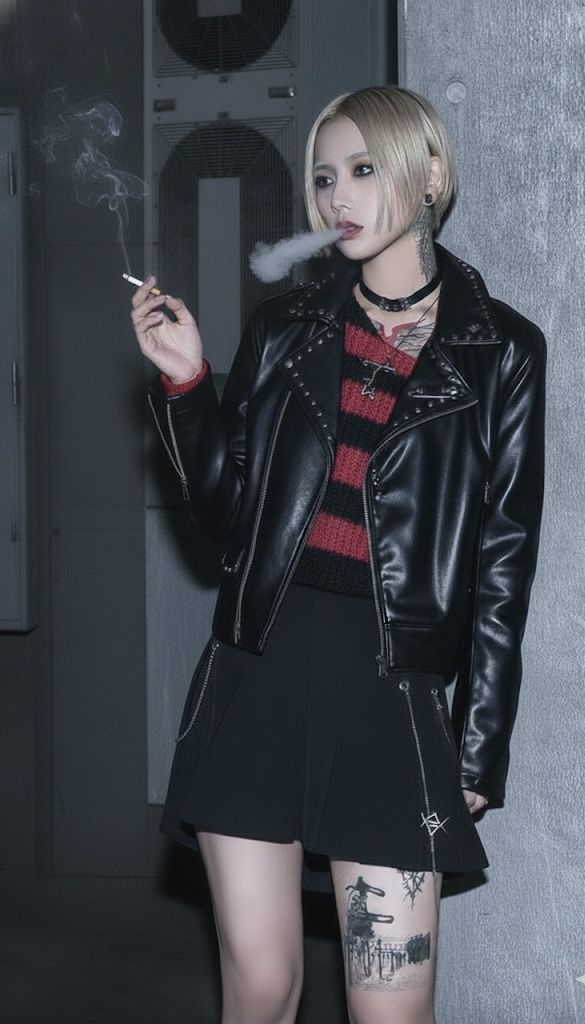 Person with blonde short hair and dark makeup wearing a leather jacket and smoking