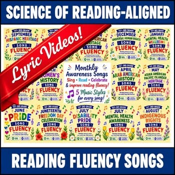 Collection of monthly awareness songs for reading fluency with lyric videos