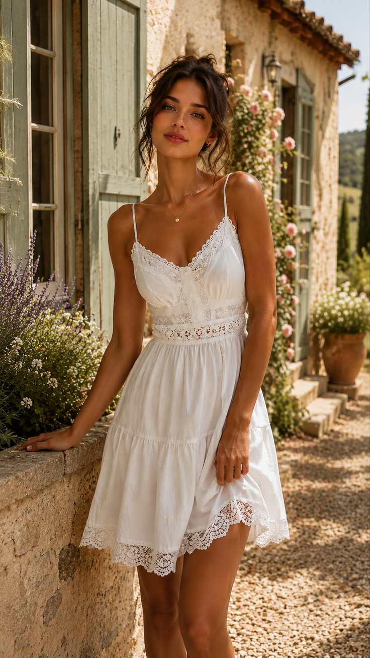 Woman in a white lace-trimmed dress standing outdoors in soft lighting