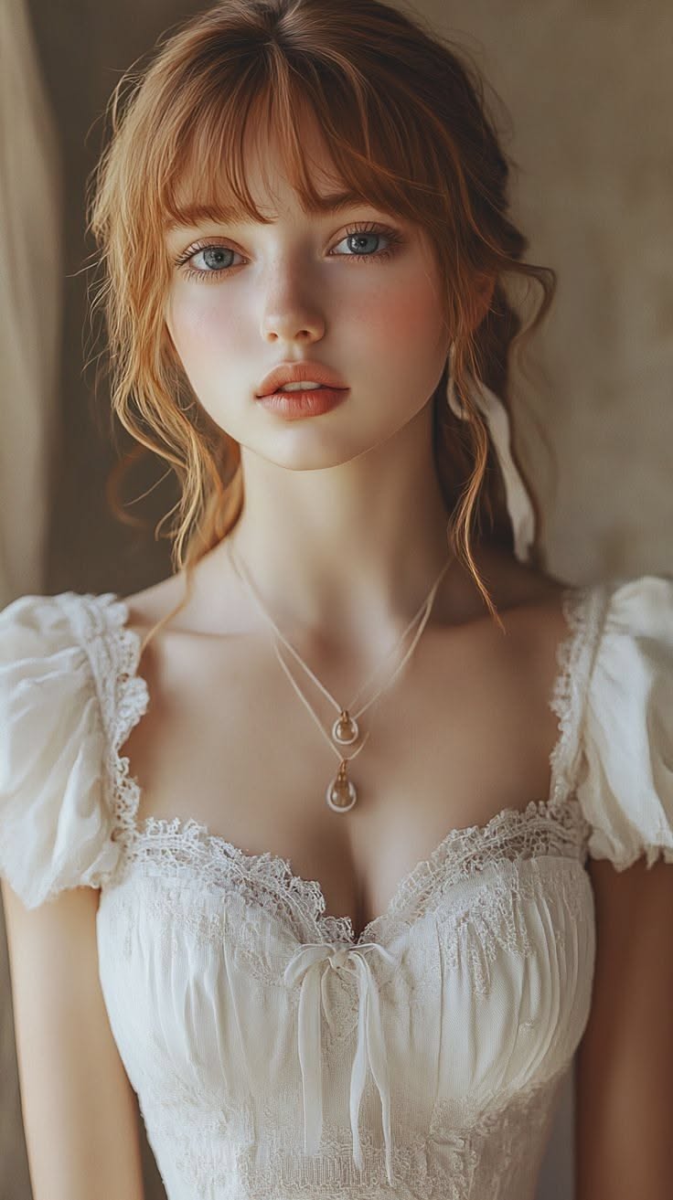 Woman with red hair and blue eyes wearing a white lace dress and layered necklace