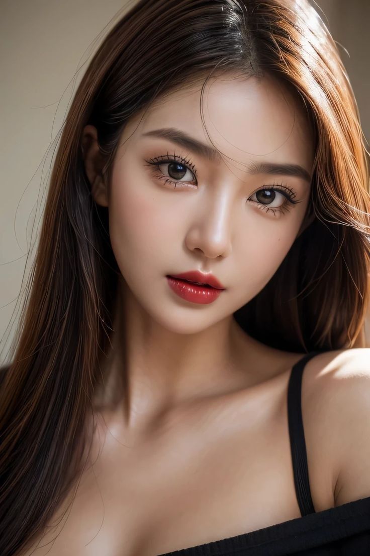 Woman with long brown hair and red lipstick in a black top