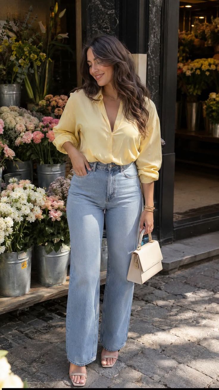 Woman in a yellow shirt and wide leg jeans standing outside a flower shop