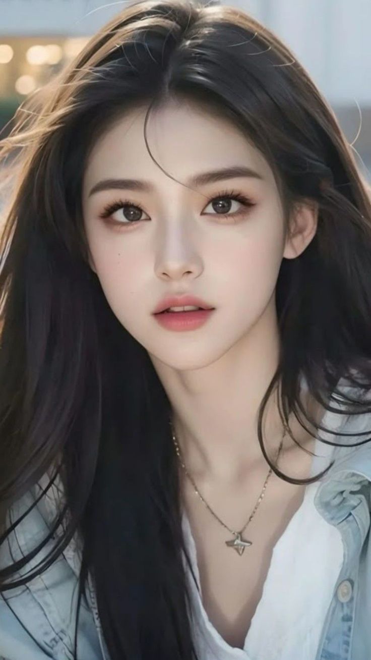Realistic portrait of a woman with long dark hair and a necklace