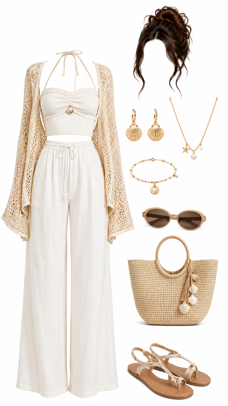 Summer outfit with a crochet cardigan, wide leg pants, and shell accessories