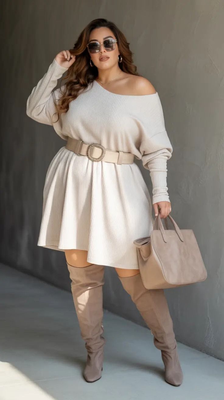 Woman in an off-shoulder dress, thigh-high boots, and sunglasses holding a handbag