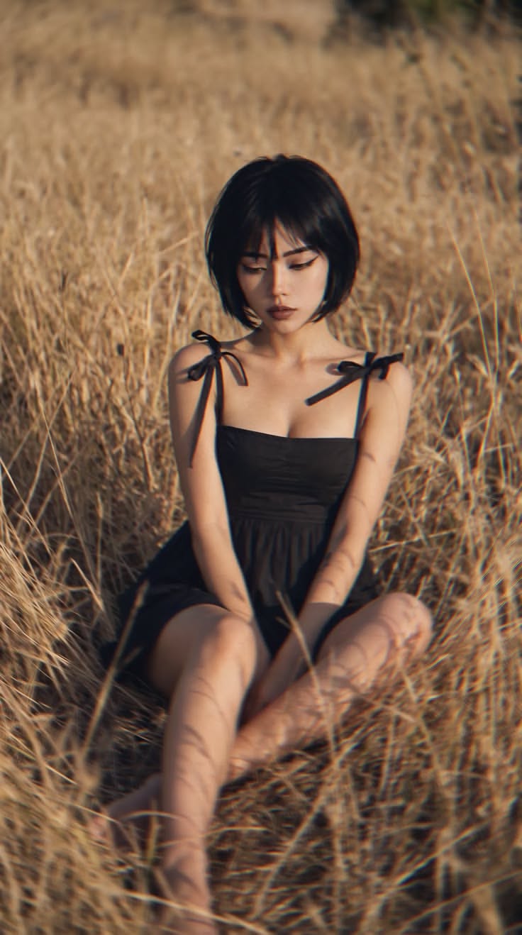 Woman in a black dress sitting in dry grass with soft lighting