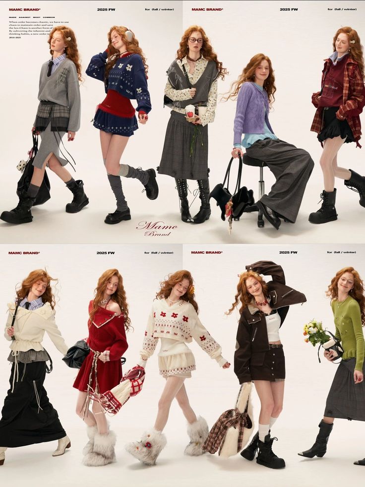 Multiple women with red hair modeling various winter fashion outfits in a studio