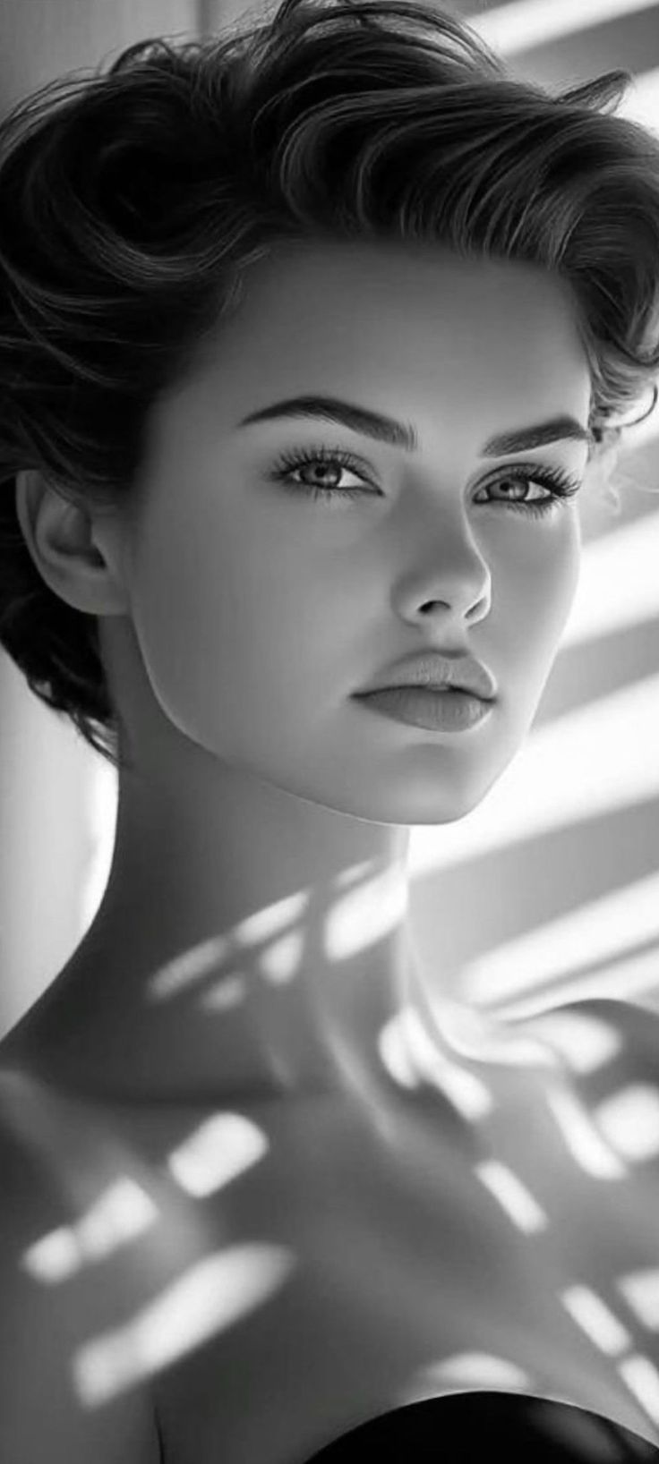 Monochrome portrait of a woman with short hair and dramatic lighting