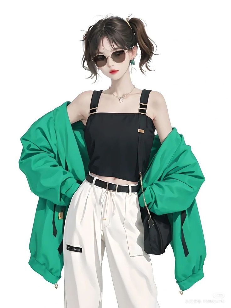 Illustration of a girl with pigtails wearing sunglasses, a green jacket, and white pants