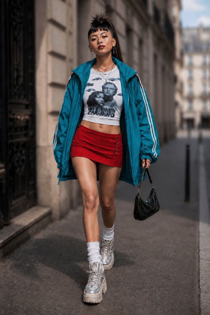 Woman in a red mini skirt and crop top walking on a street