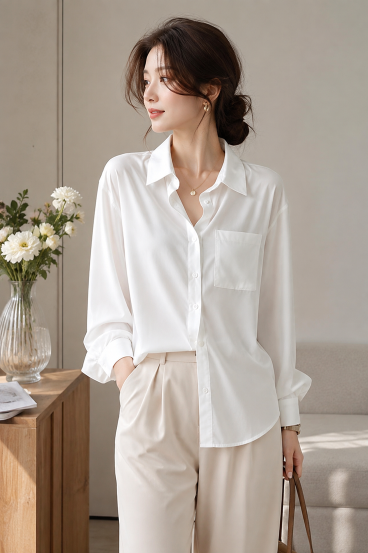Woman in a white shirt and beige pants with an updo hairstyle indoors