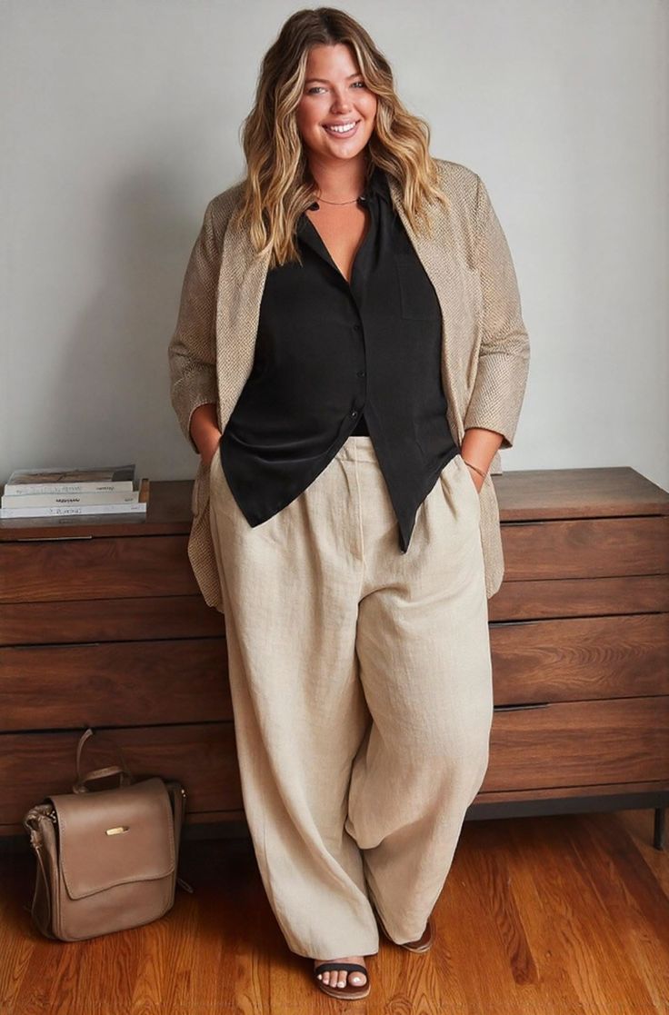 Woman with long wavy hair wearing a black shirt and beige blazer with wide leg pants