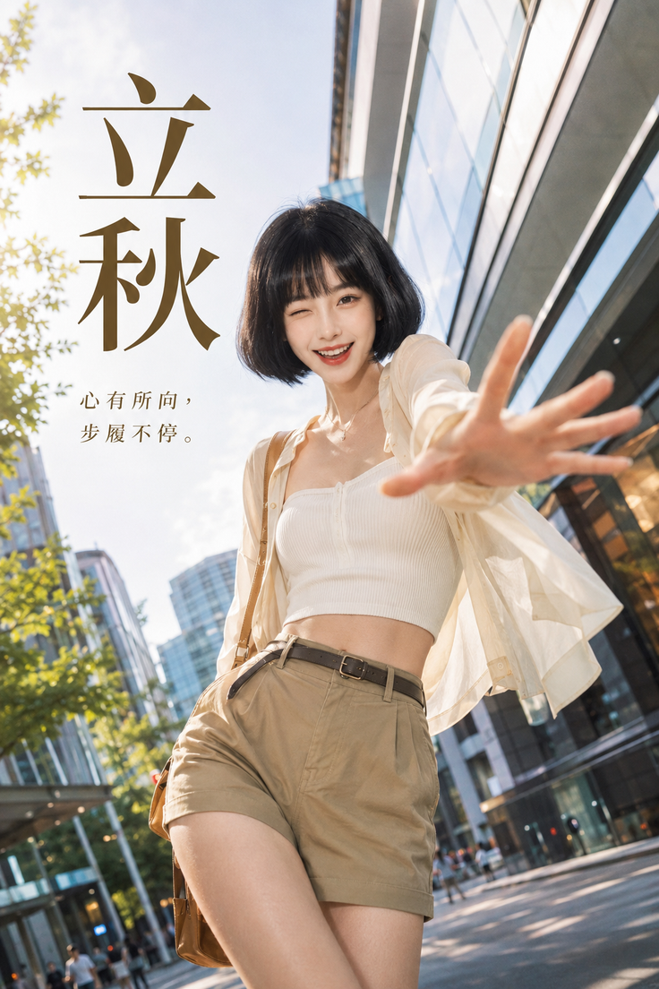 Woman in a crop top and shorts winking at the camera on a sunny city street