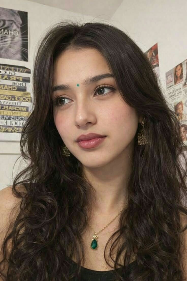 Woman with long wavy hair and a green bindi wearing gold jewelry