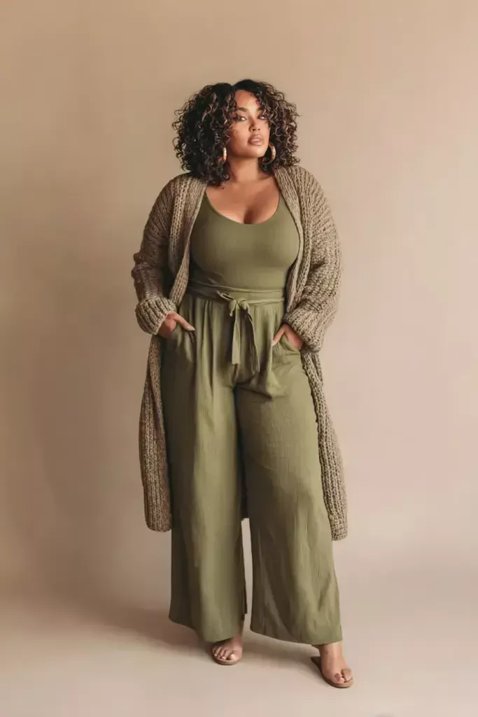 Woman with curly hair wearing an olive green jumpsuit and cardigan