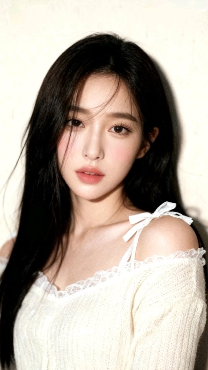 Woman with long black hair wearing an off-shoulder top with lace trim