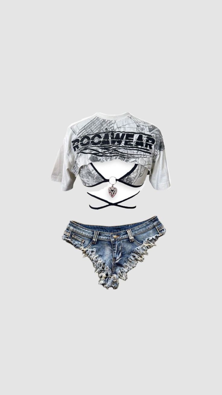 Crop top, bikini top, and denim shorts with a heart pendant on a white background