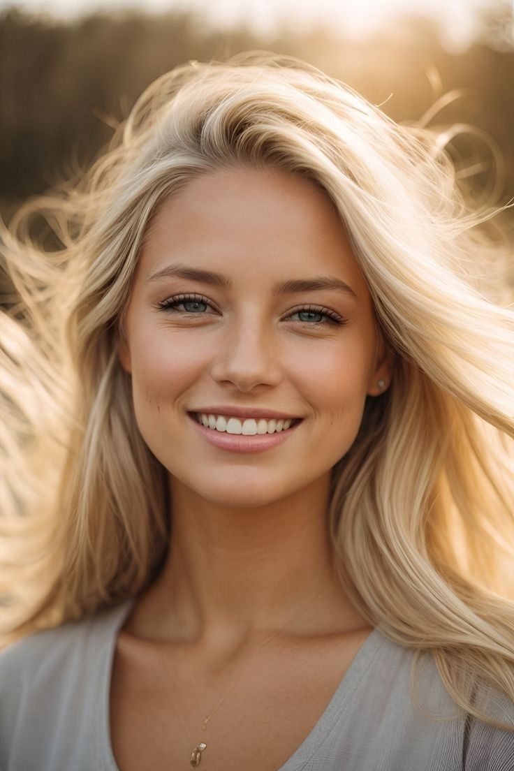 Smiling woman with blonde hair in soft golden hour lighting