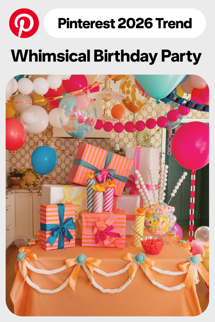 A vibrant birthday party scene with balloons, gifts, and candy on a table