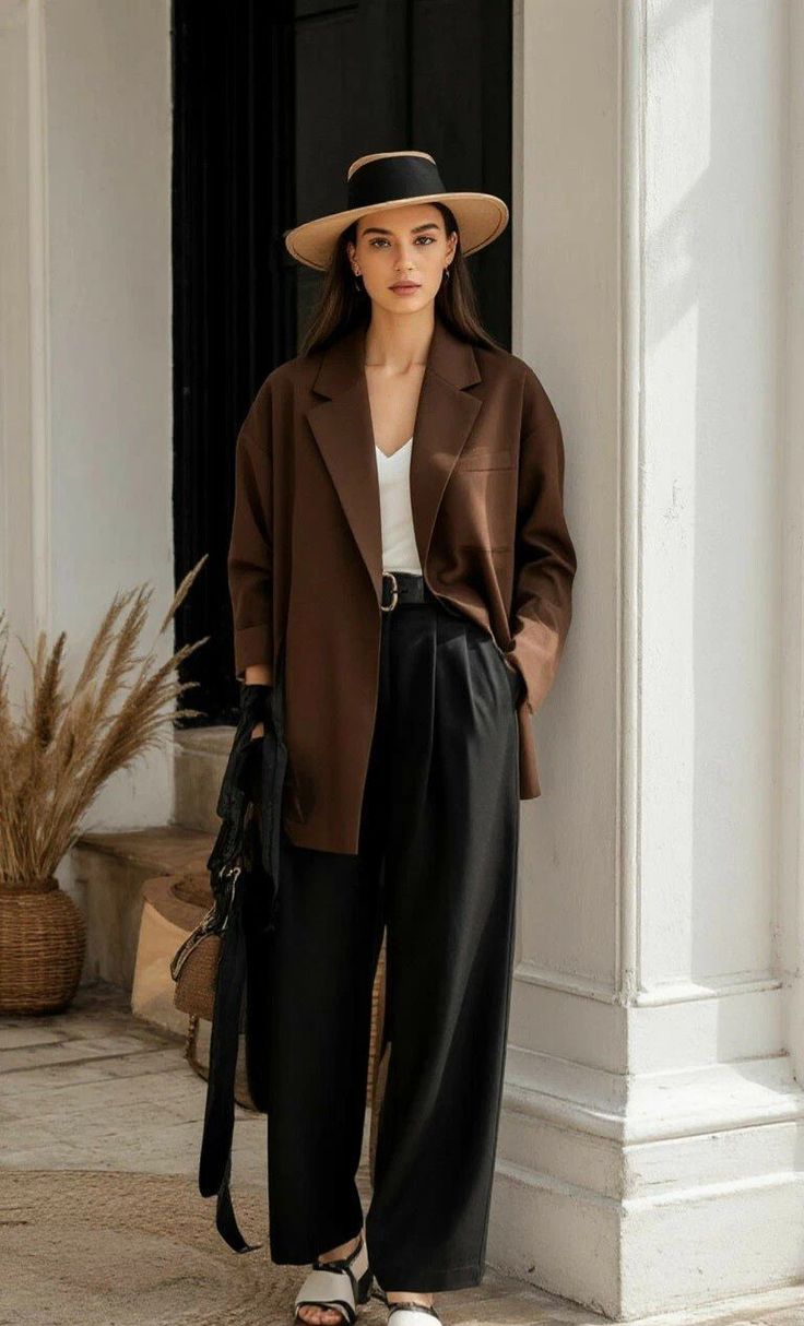 Woman in a brown blazer and wide leg pants wearing a straw hat
