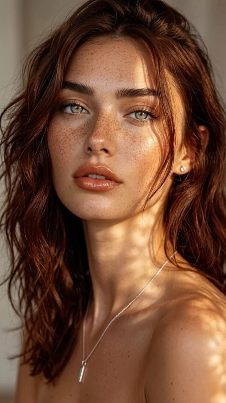 Woman with freckles and long hair in soft lighting, wearing a necklace