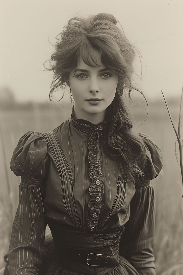 Woman with long hair and a high-collared dress in sepia tone