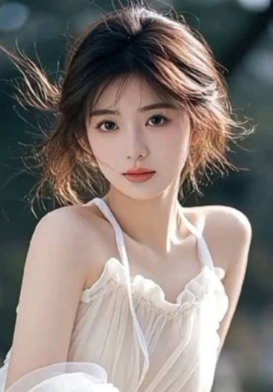 Woman with short hair in a white dress with soft lighting outdoors