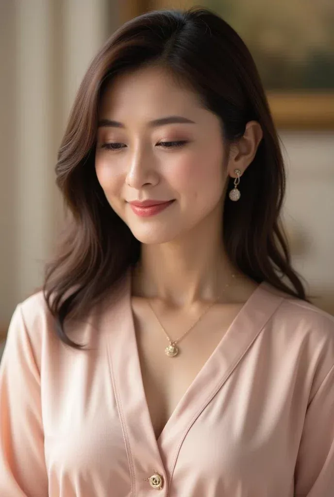 Woman with long hair wearing a pink top and jewelry indoors