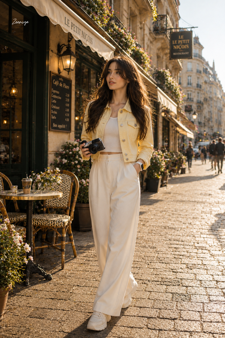 Woman in a yellow jacket and white pants walking on a street at golden hour