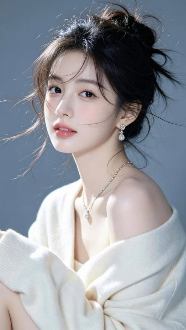 Woman with a messy bun wearing a white off-shoulder sweater and jewelry