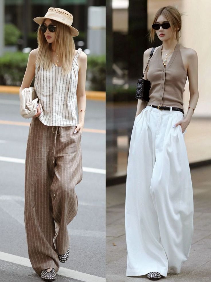 Two women in stylish wide-leg pants and sleeveless tops on a street