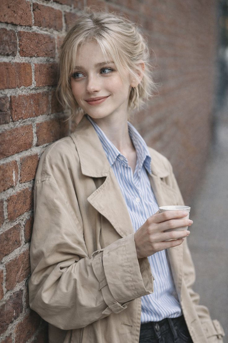 Blonde woman in a trench coat leaning against a brick wall, holding a cup