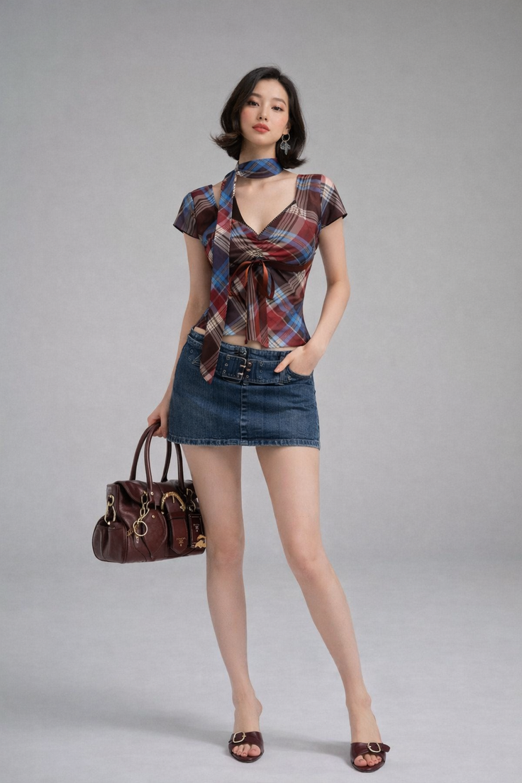 Woman in a plaid top and denim skirt holding a brown handbag