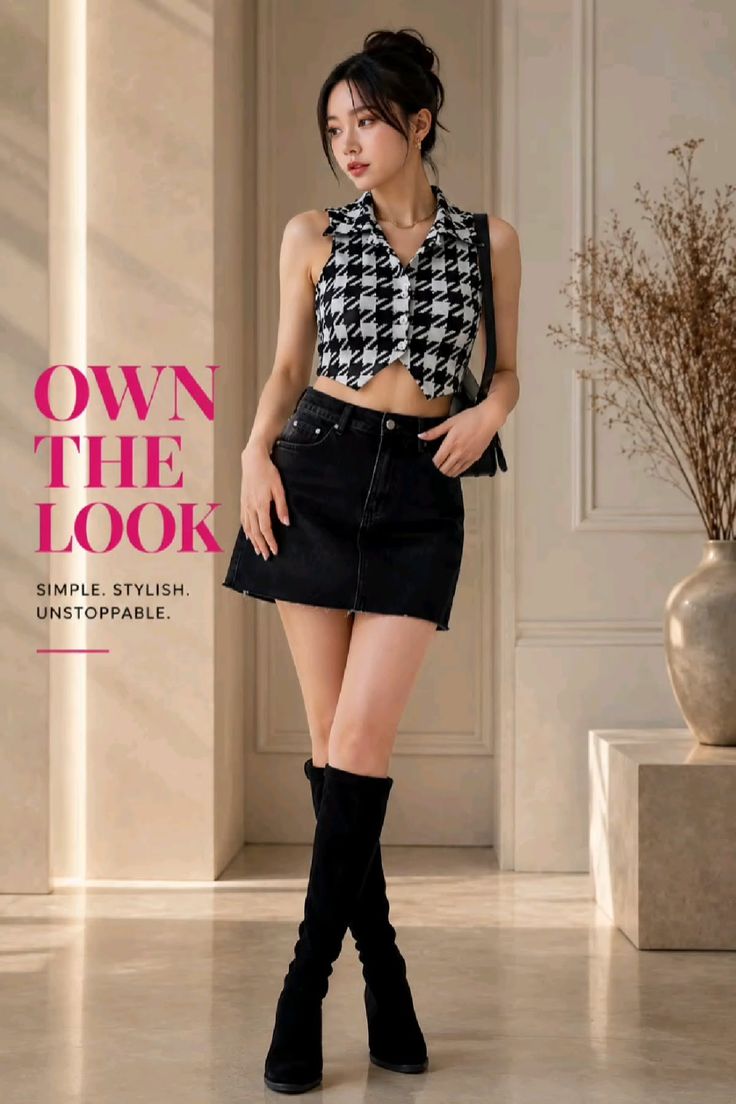 Woman in a houndstooth crop top and black denim skirt with knee-high boots