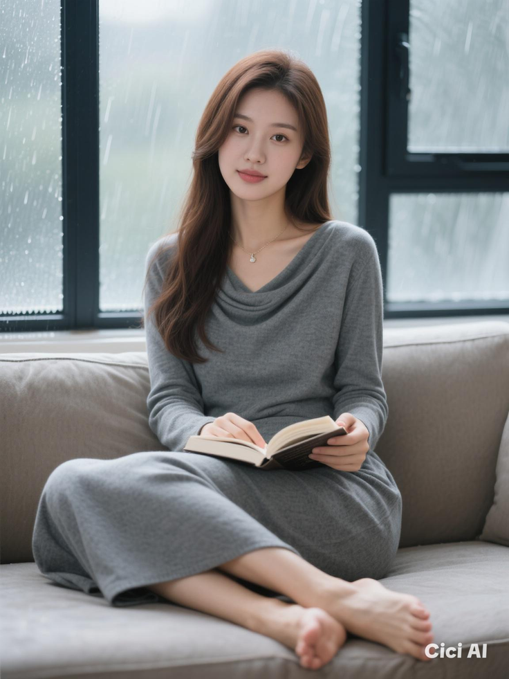 Woman in a gray dress reading a book on a couch by a rainy window