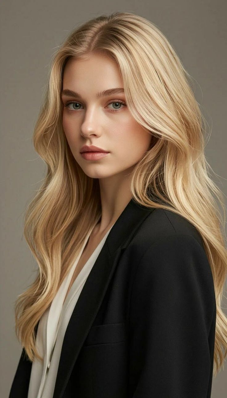 Blonde woman with long hair wearing a black blazer and white shirt