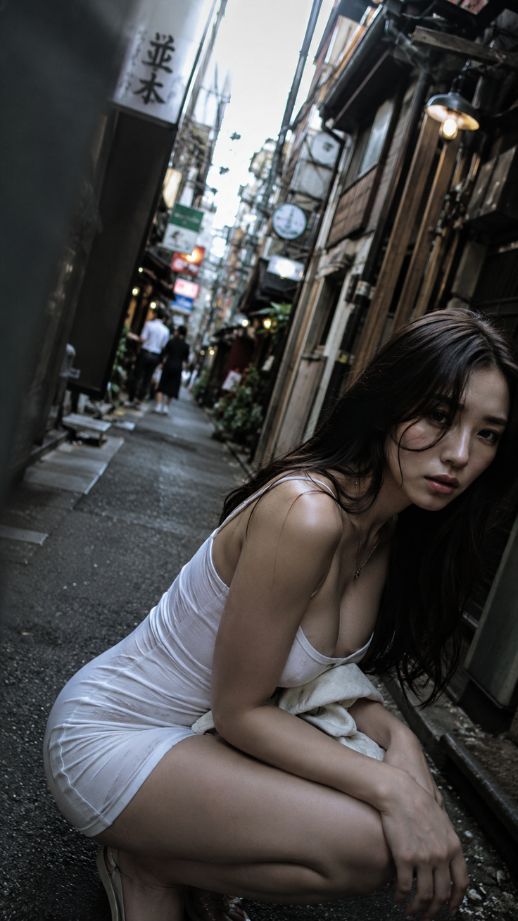 Woman in a wet white dress crouching in a narrow city alley