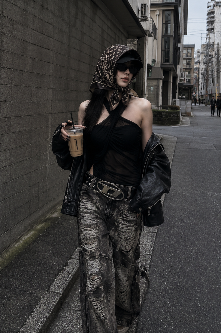 Woman in a black leather jacket and ripped jeans walking on a city street