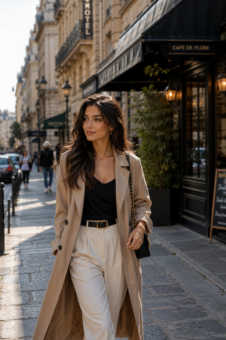 Woman in a trench coat walking on a city street