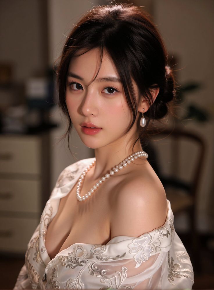 Woman wearing a pearl necklace and an off-shoulder dress with cleavage