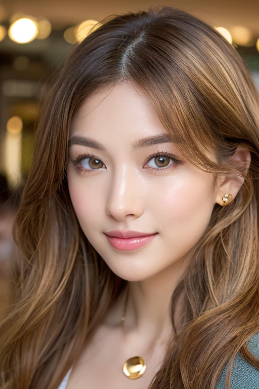Woman with long brown hair and gold jewelry looking at the camera