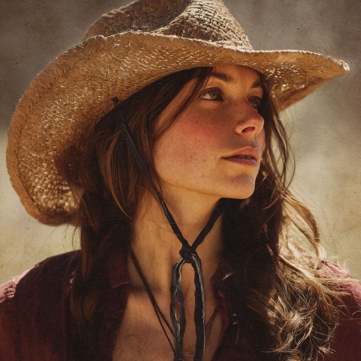 Woman with long hair and a cowboy hat looking up, with a warm tone