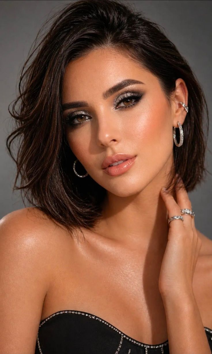 Woman with short dark hair and sparkling makeup wearing jewelry