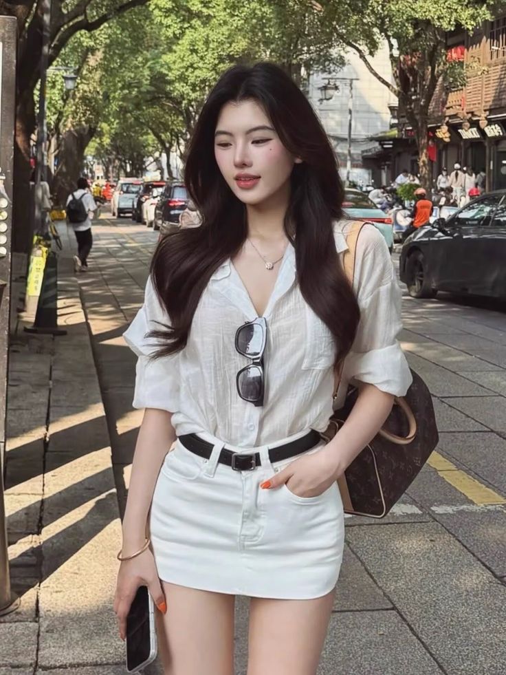 Woman in a white shirt and mini skirt walking on a street