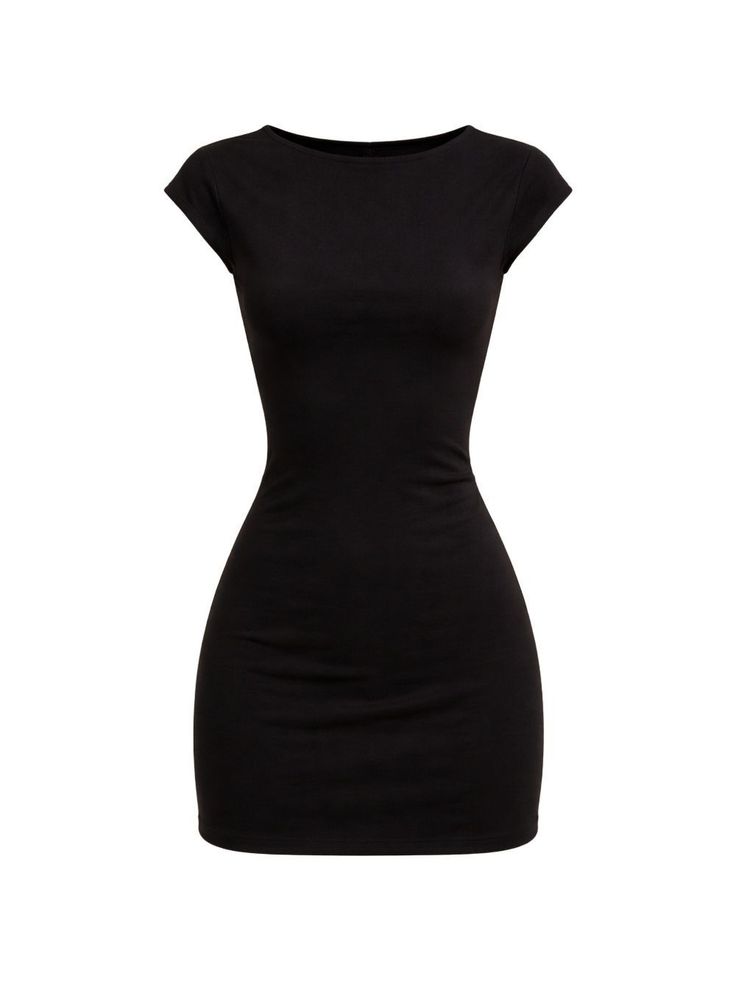 Black form-fitting short dress with cap sleeves and a boat neck